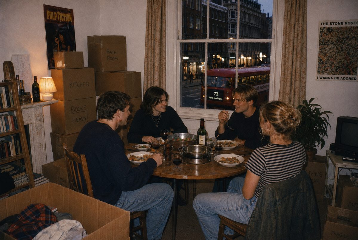 Friends sharing a meal on moving day in a London flat